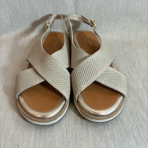 COLE HAAN Sz 8.5B Mikaela  Stitchlite Gold Insole Trim Crisscross Sling Sandals - Picture 2 of 8